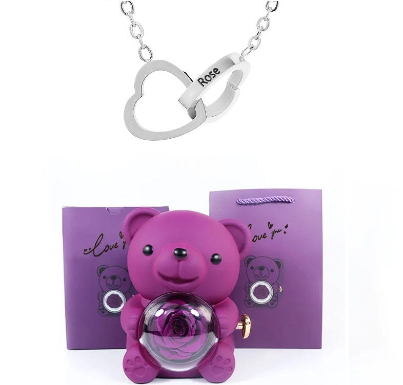 Caixa Urso Rosa Eterna + Colar Nome Personalizado