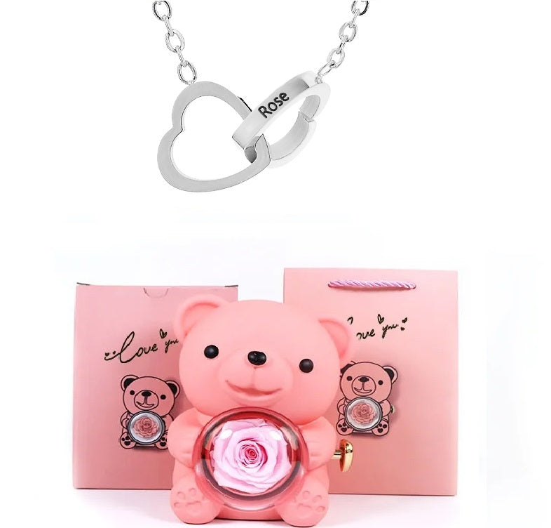 Caixa Urso Rosa Eterna + Colar Nome Personalizado